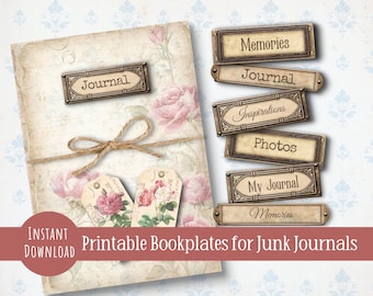 Junk journal bookplates, printable word sentiments, junk journal kit, scrapbooking embellishments, vintage ephemera