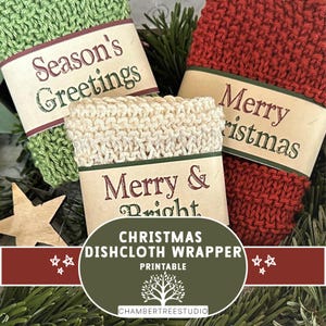 Christmas dishcloth wrapper, printable gift label, belly band washcloth labels, water bottle labels, soap wrappers, instant download