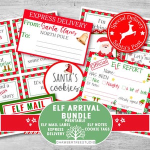 Paquete de llegada de elfos, notas de elfos para imprimir, ideas fáciles de elfos, boleta de calificaciones, adornos para bolsas, etiquetas para galletas, carta para Papá Noel, 24 días de Navidad