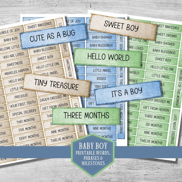 Baby boy words, printable word sentiments, vintage baby junk journal, baby scrapbook album, instant download, baby boy milestones