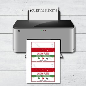 May include: Two printable labels for a Christmas jigsaw puzzle. The labels are red with white stars and green garland. The text reads "Jigsaw Puzzle Christmas + Limited Edition + Expert Level".