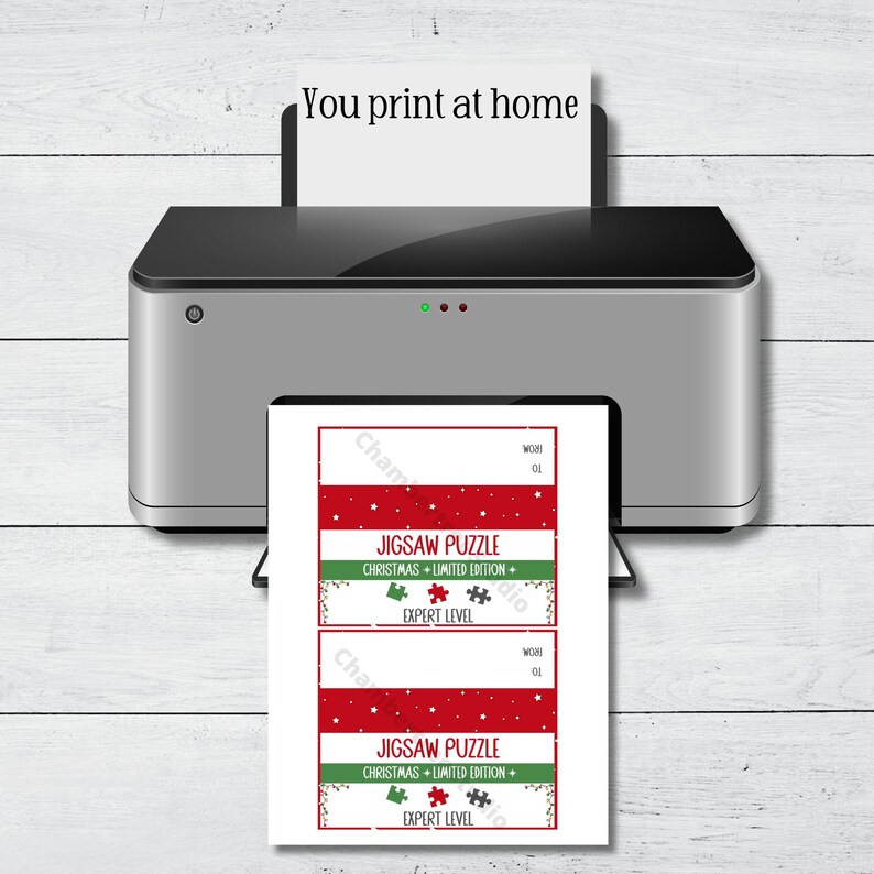 May include: Two printable labels for a Christmas jigsaw puzzle. The labels are red with white stars and green garland. The text reads "Jigsaw Puzzle Christmas + Limited Edition + Expert Level".