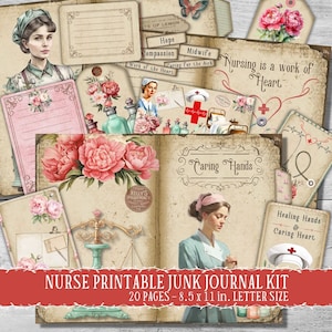 Kit cadeau Nursery Junk Journal, articles éphémères d'allaitement vintage, cadeau d'infirmière diplômée, pages de scrapbooking numériques, cadeau de la semaine pour infirmière praticienne, cadeau de l'AIIC