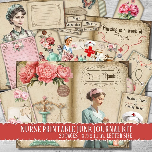 Nurse Junk Journal kit, vintage nursing ephemera, Nurse Graduate gift, digital scrapbook pages, Nurse appreciation week gift