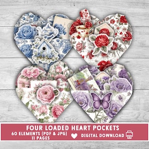Tasche a forma di cuore, regalo per la festa della mamma, etichette tascabili a forma di cuore per San Valentino, inserti per Junk Journal, scrapbooking, effimeri a forma di cuore