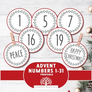 Advent Calendar numbers, 1.5&quot; & 2&quot;, DIY Advent Calendar kit, printable Christmas countdown tags, 24 days of Christmas, cookie packaging