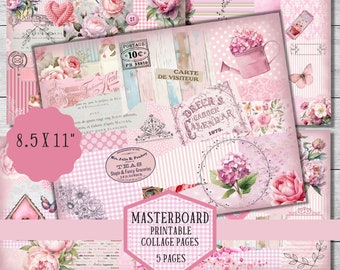 Druckbare rosa Shabby-Journal-Seiten – Masterboard Floral Collage Sheets & Vintage Ephemera – Digitales Scrapbooking-Set