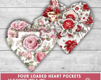 Loaded Heart Pocket Tags, Mother's Day Junk Journal Ephemera, Vintage Floral Hearts,  Digital Download