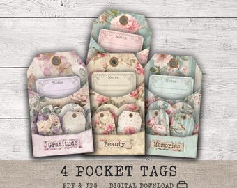 Junk Journal tag pockets, Mother's Day floral junk journal ephemera | printable page insert tags, digital download