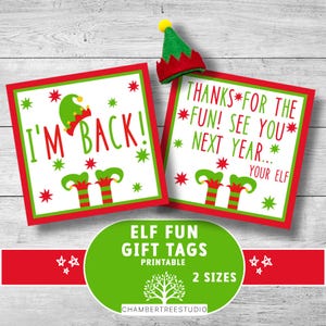 Afdrukbare elf-aankomsttags, maten 2 en 2,5 inch, een briefje van je elfenkaart, kinderelf-notities, ik ben terug, vaarwel Elf-tag, instant download