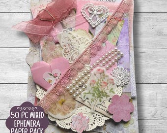 Shabby vintage ephemera paper pack, 50 pc loaded pocket kit, paper scraps, die cuts, junk journal mixed pattern packs