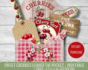 Cherry loaded pocket tag, sweet red cherries ephemera embellishments, Junk Journal insert, Cherry add-on kit