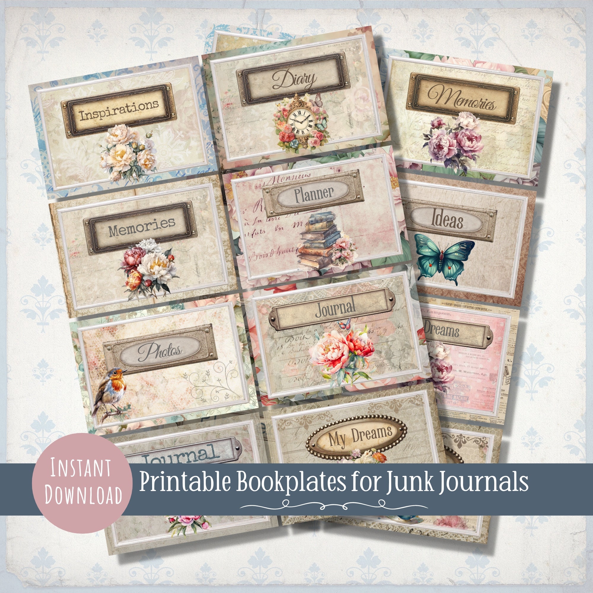 Junk Journal Cover Bookplates, 16 Printable Journal Labels, Vintage ...