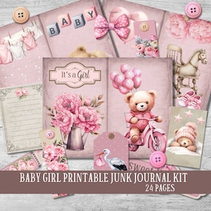 Baby Junk Journal Kit, Scrapbook Papiere und Ephemera, druckbare Verzierungen in Vintage Pink