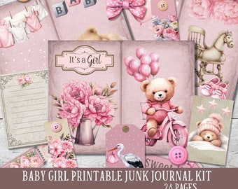 Baby girl junk journal kit, scrapbook papers and ephemera, printable vintage pink embellishments