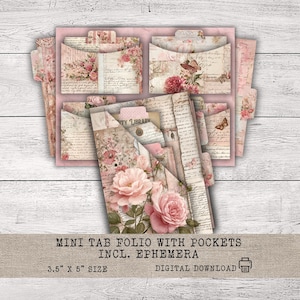 Bolsillos para carpetas, mini folios con pestañas, efímeras y pestañas, estilo vintage desgastado, insertos de bolsillo imprimibles para Junk Journal, Happy Mail, kit digital