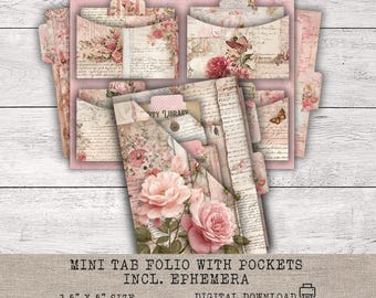 Folder pockets Junk Journal, mini tab Folio, Ephemera & Tabs, Shabby Vintage style, Printable pocket inserts, Happy Mail, Digital Kit