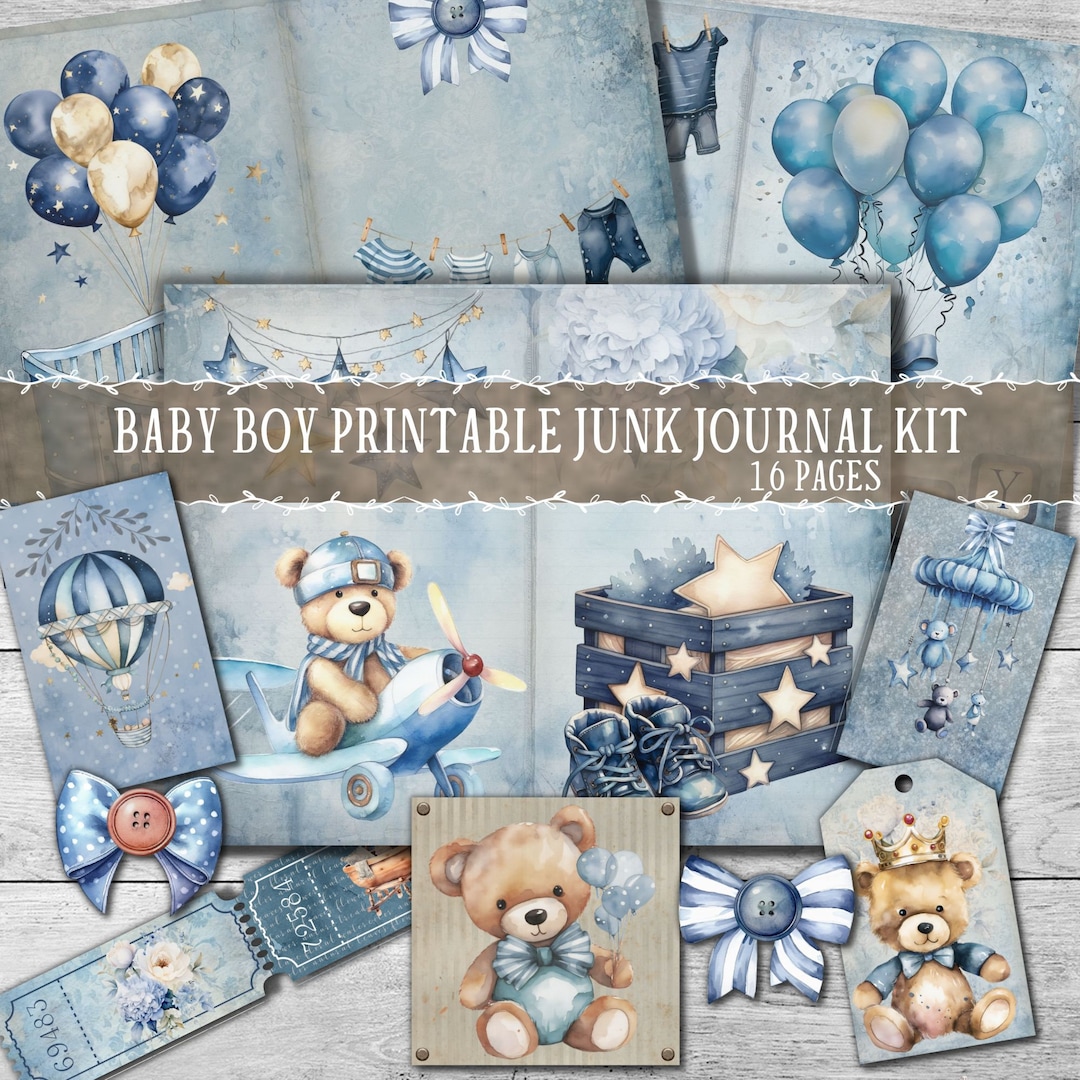 Baby Boy Junk Journal Kit, Scrapbook Papers and Ephemera, Printable
