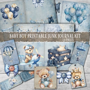 Baby boy junk journal kit, scrapbook papers and ephemera, printable vintage blue embellishments
