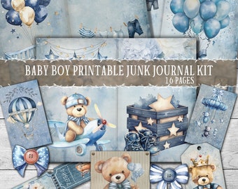 Baby boy junk journal kit, scrapbook papers and ephemera, printable vintage blue embellishments