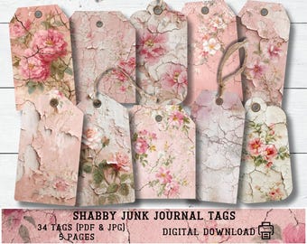 Junk Journal Tags, Set of 34 Vintage Shabby ephemera Pieces for Journaling, Scrapbooking & Creative Craft Projects, digital download