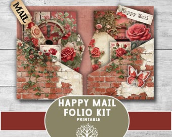 Happy Mail Folio Kit, Junk Journal Insert, Rustic Red Vintage Foldable Card, Loaded Pocket, Gift for Mom