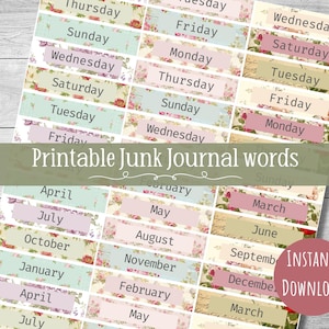 Junk journal days of the week tags, months of the year, scrapbooking embellishments, floral ephemera, word snippets