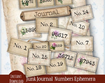 Junk journal numbers ephemera, printable number tags, scrapbooking ephemera, numbers tabs and labels, instant download