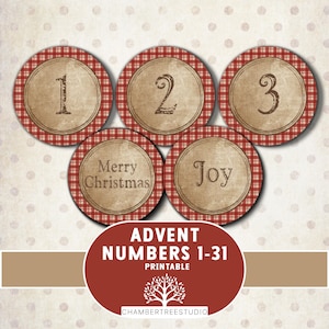 Vintage kerstnummers, 1,5 en 2 inch, DIY adventskalender, afdrukbare kerstnummers, 24 dagen kerst