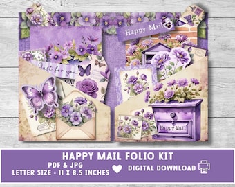 Happy Mail Folio kit, foldable card gift for Mom, sister, friend, Junk Journal insert, purple loaded pocket, flat mail