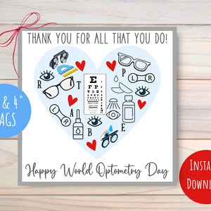 May include: A blue and white card with a heart shape filled with eye care related icons. The text "Thank you for all that you do!" is at the top of the card. The text "Happy World Optometry Day" is at the bottom of the card. The card is on a wood background.