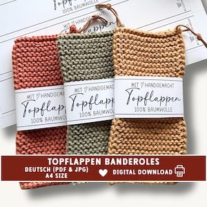 Topflappenbanderole, Etikett für Häkel- oder Stricksachen, printable Download, A4, 40 und 60 Grad Waschanleitung