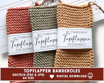 Potholder banderole wrapper, label for crochet or knits, printable download, A4, 40 and 60 degree washing instructions