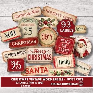 May include: A collection of vintage-style Christmas word labels in various shapes and sizes. The labels feature festive phrases like "Merry Christmas," "Noel," and "Santa," along with decorative elements such as holly and Santa Claus. The image includes the text "93 Labels".