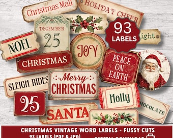 Christmas vintage word labels, festive junk journal ephemera, 93 fussy cut signs, scrapbooking, Christmas craft projects