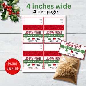 May include: Four printable 4-inch wide Christmas jigsaw puzzle labels with red, green, and white designs. The labels feature the text "Jigsaw Puzzle Christmas + Limited Edition + Expert Level".