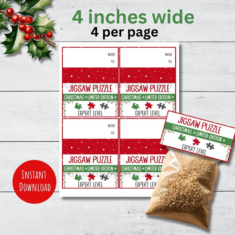 May include: Four printable 4-inch wide Christmas jigsaw puzzle labels with red, green, and white designs. The labels feature the text "Jigsaw Puzzle Christmas + Limited Edition + Expert Level".