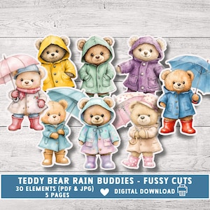 Spring Teddy Bears fussy cuts, rainy day clipart, cute bear elements for Junk Journals, scrapbooking