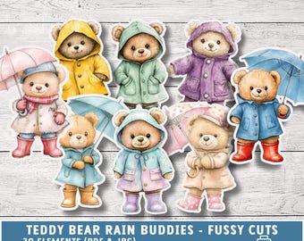 Spring Bears fussy cuts, rainy day clipart, cute teddy bear elements for Junk Journals, scrapbooking