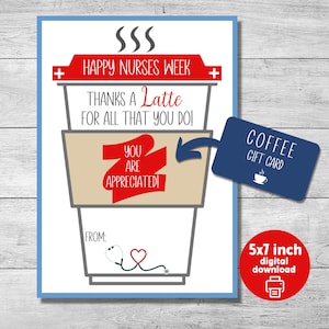 Nurses Week-cadeaukaarthouder, waardering koffiecadeaukaart voor verpleegkundigen, bedankt een latte, instant download