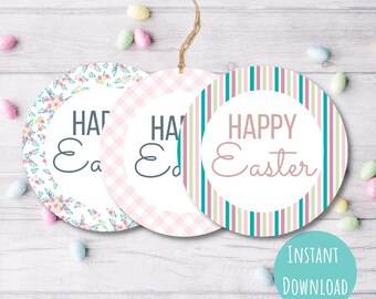 May include: Three round printable gift tags with the text "Happy Easter" in different fonts and colors. The tags have a floral, gingham, and striped design.