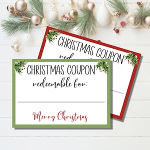 Può includere: Due biglietti di buono natalizio stampabili con bordo verde e rosso. Il testo sui biglietti recita "Buono natalizio riscattabile per: Buon Natale".