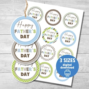 May include: A sheet of Father's Day gift tags with the text "Happy Father's Day" in various designs. The tags feature blue, green, and brown colour schemes. A blue circle indicates "3 sizes digital download".