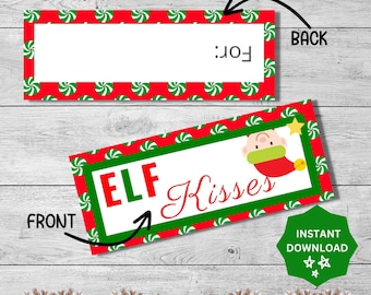 Elf Kisses bag toppers, 3", 4" & 5" sizes, candy treat bag, holiday party favors, Christmas bag topper, instant download