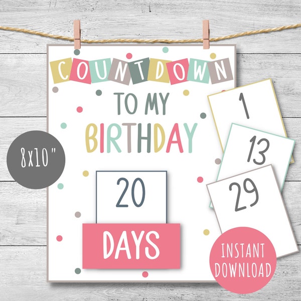 Birthday countdown calendar, printable DIY kids countdown sign, birthday poster, 30 days countdown, birthday advent