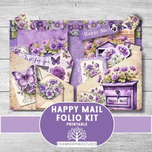 Happy Mail Folio kit, foldable card gift for Mom, sister, friend, Junk Journal insert, purple loaded pocket, flat mail