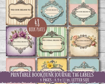 étiquettes de nom de livre vintage, assiettes de livre Junk Journal, embellissements de journal, ce livre appartient à, éphémères de scrapbooking
