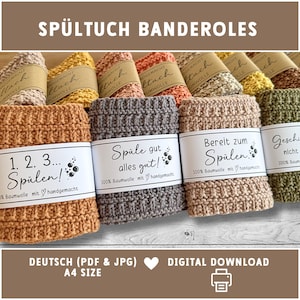 ディッシュクロス バンデロール ラッパー、面白い言葉が書かれたかぎ針編みのディッシュクロス、印刷可能なダウンロード、A4、40 度と 60 度の洗濯ラベルの説明