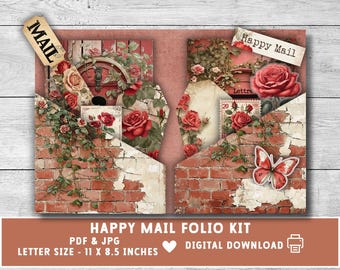 Happy Mail Folio Kit, Junk Journal Insert, Rustic Red Vintage Foldable Card, Loaded Pocket, Gift for Mom