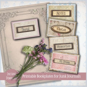 Junk Journal cover bookplates, 16 printable journal labels, vintage ephemera frames, scrapbooking embellishments